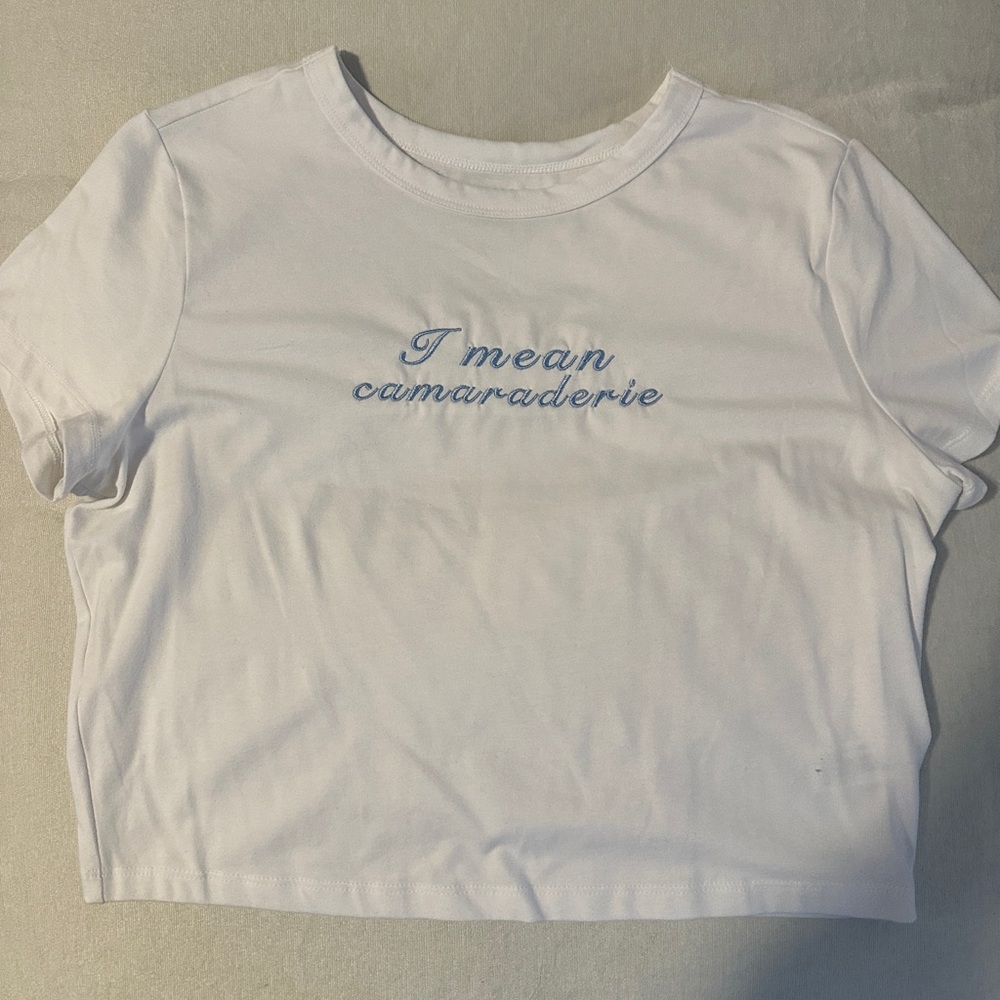Wild Fable Sabrina Carpenter Cropped White Tee with “camaraderie” Embroidery